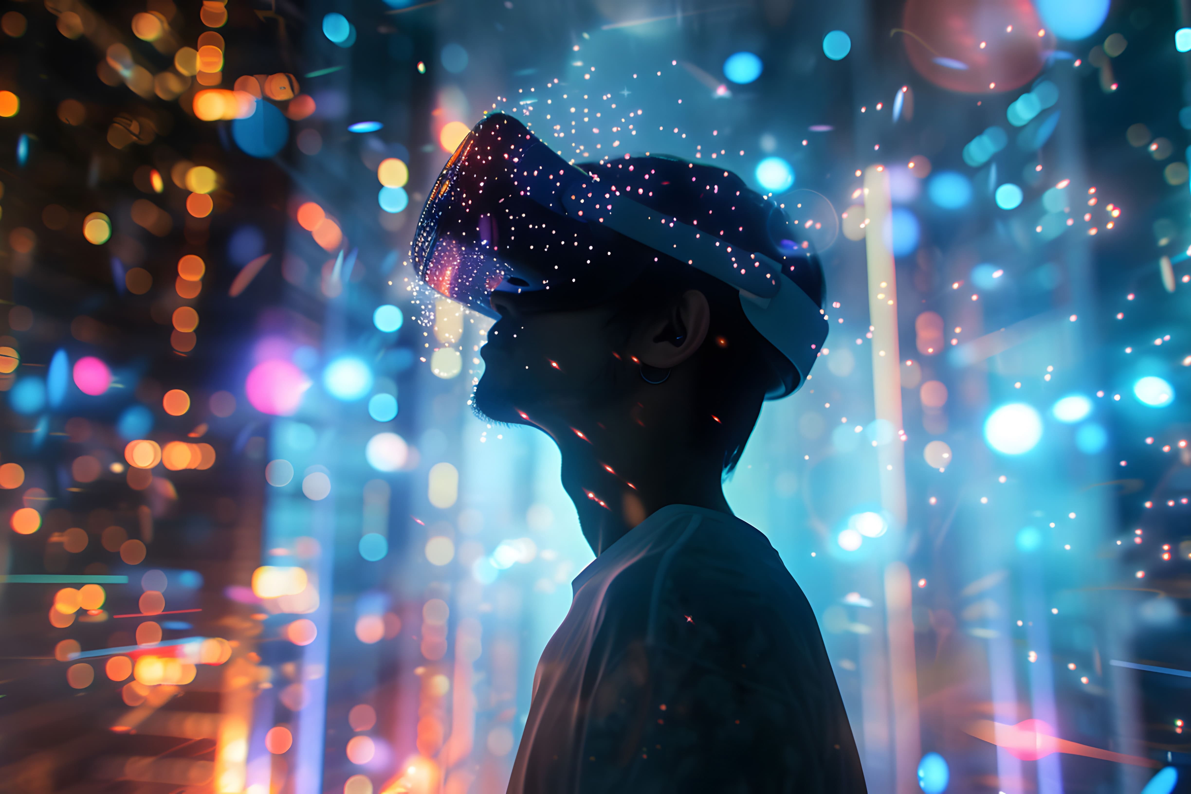 イルミネーションと帽子の女性の幻想的な夜景